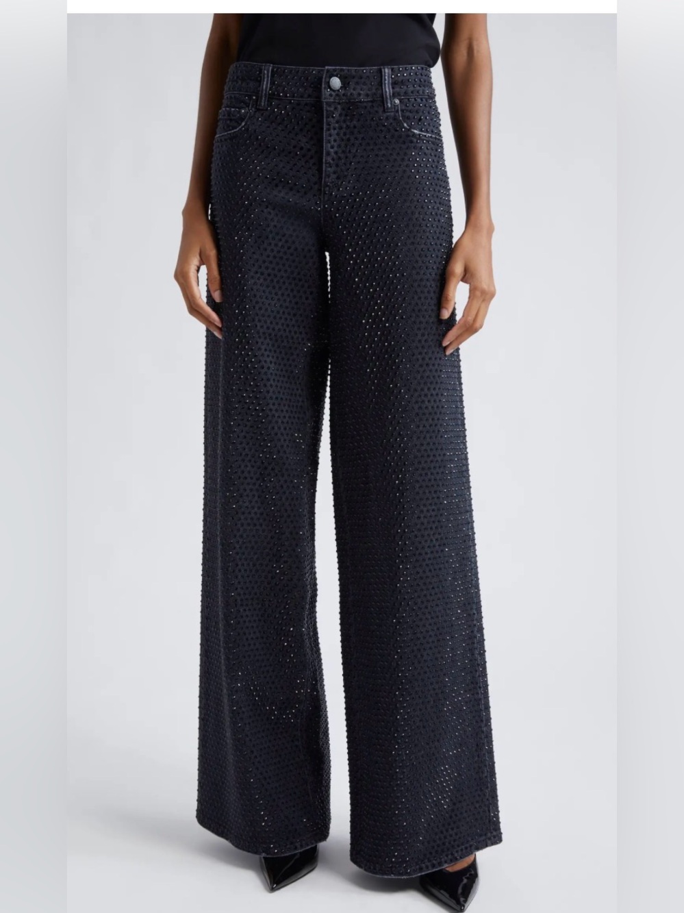 Alice + Olivia Black Wide-Leg Beaded Jeans